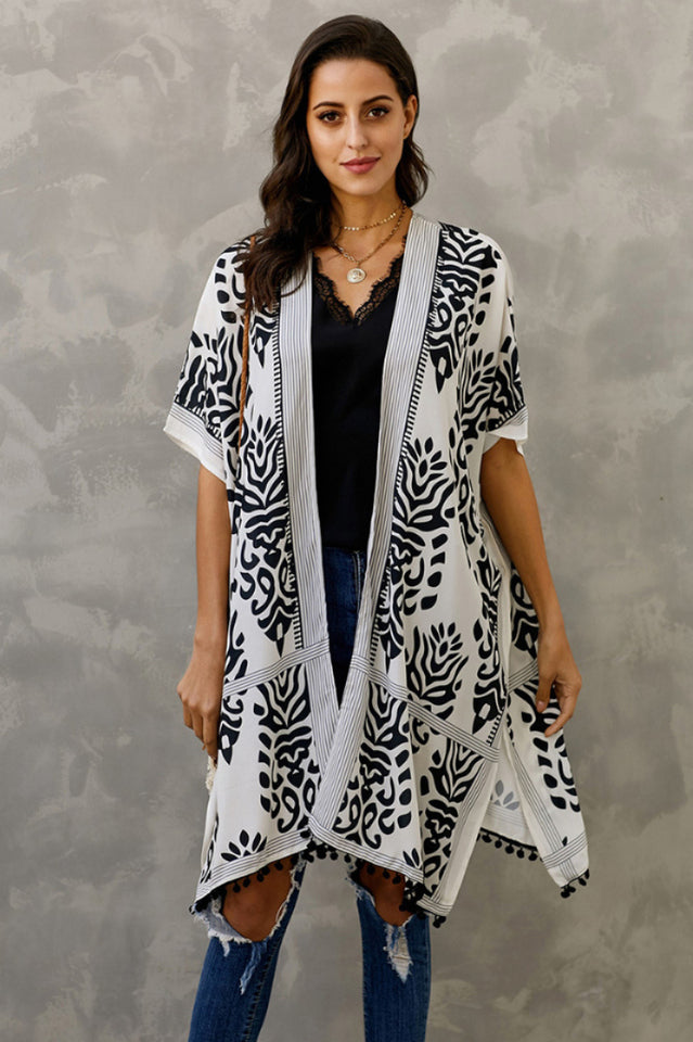 Seaside Resort Cardigan Printed Pompom Kimono