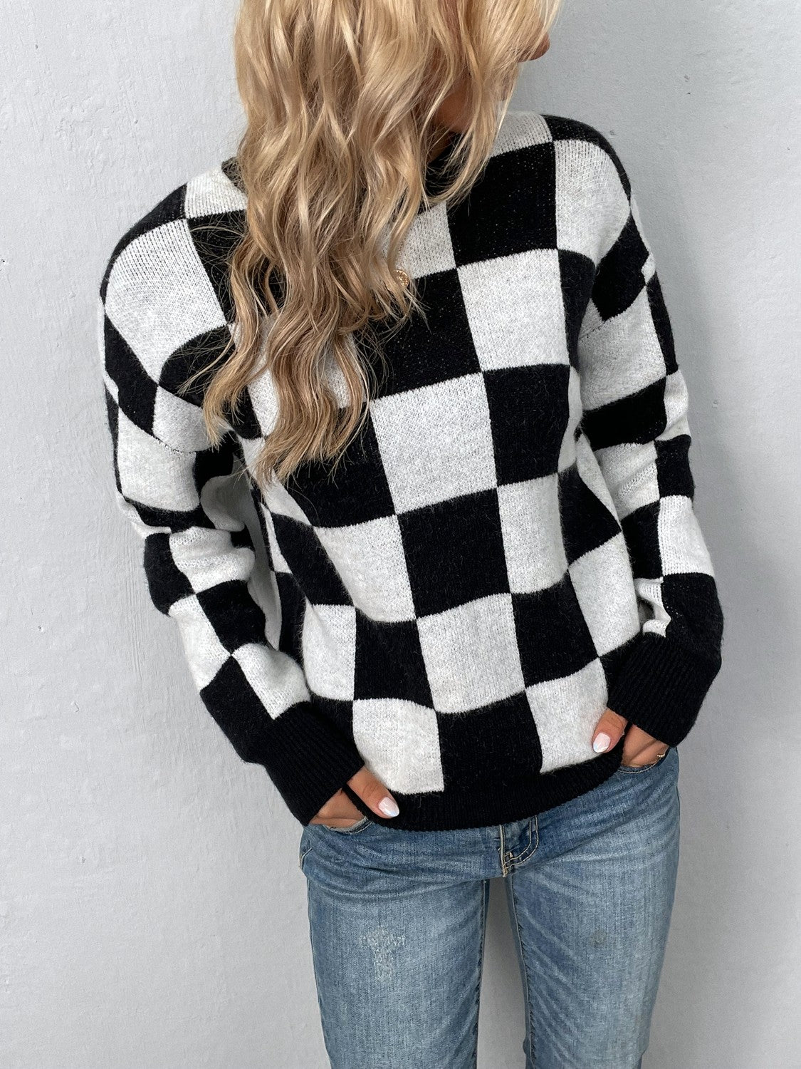 Checkered Dropped Shoulder Round Neck Sweater