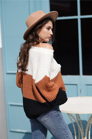 Tricolor Rib-Knit Boat Neck Sweater