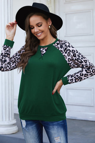 Leopard Raglan Sleeve Round Neck Top