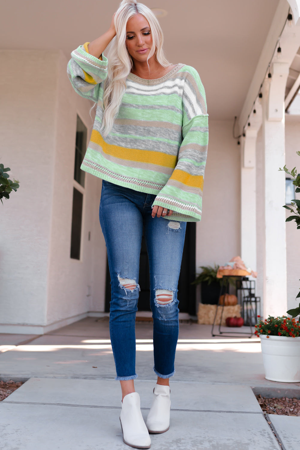 Striped Exposed Seam Bell Sleeve Sweater