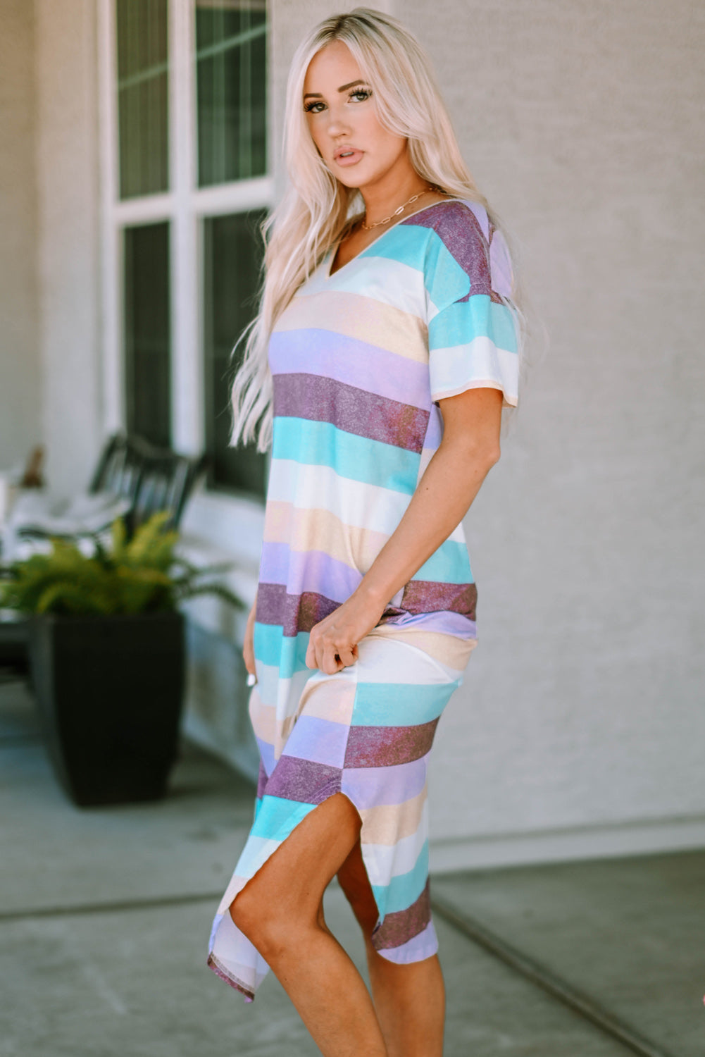 Striped V-Neck Curved Hem Midi Dress