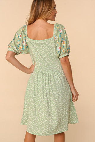 Haptics Full Size Floral Lantern Sleeve Dress with Pockets