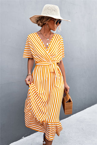 Striped Tie Belt Midi Dress