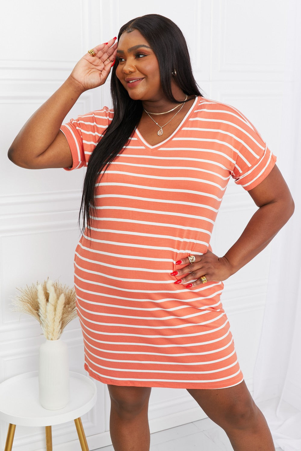 Full Size Striped V-Neck Pocket Dress