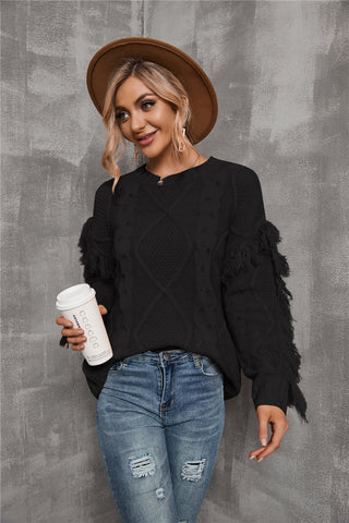 Mixed Knit Fringe Detail Round Neck Sweater