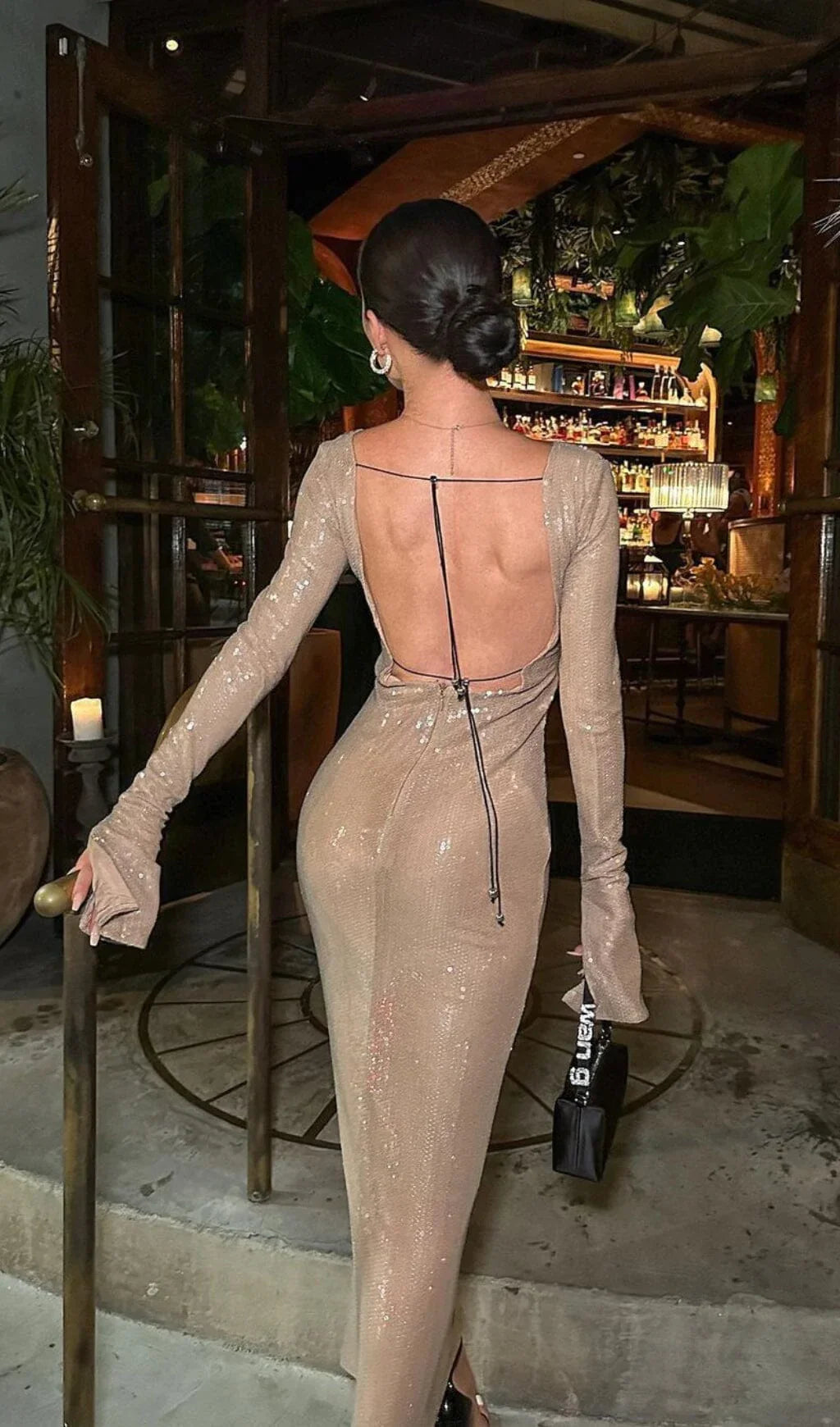 Sequined With Long Sleeves And Backless Dress in Khaki