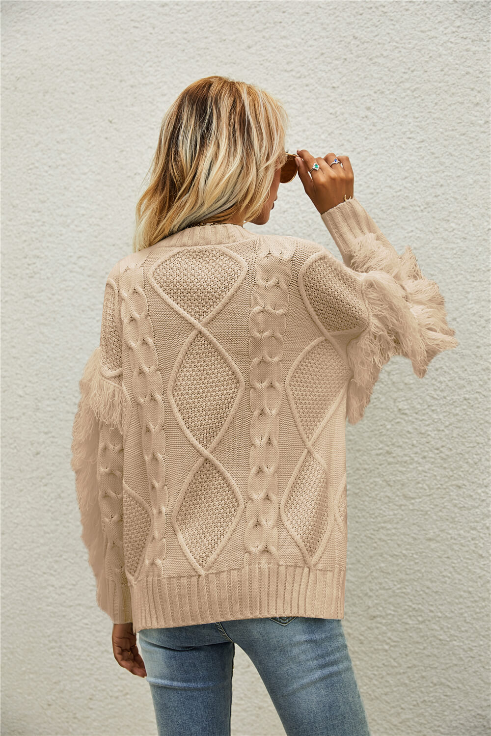 Mixed Knit Fringe Detail Round Neck Sweater