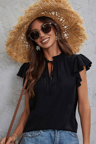Tie Neck Flutter Sleeve Frill Trim Top