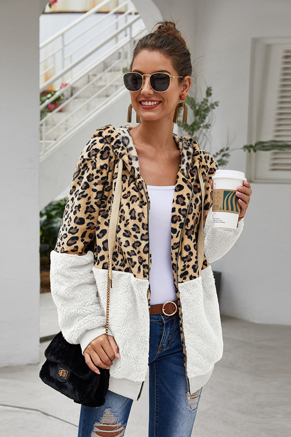 Spliced Leopard Drawstring Zip-Up Teddy Hoodie