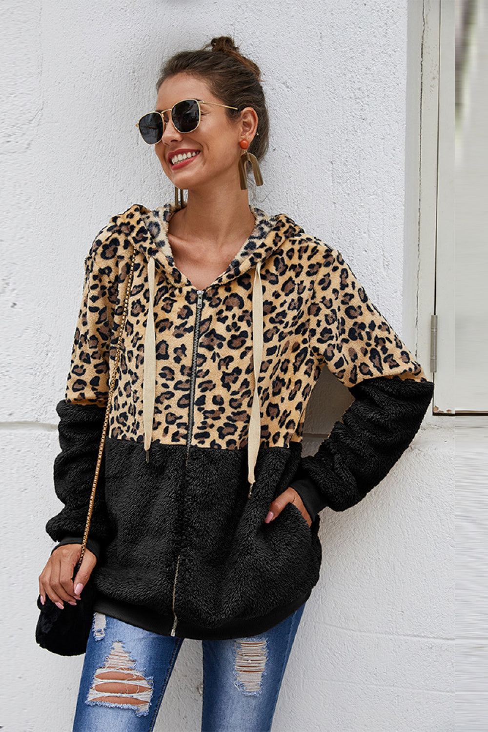 Spliced Leopard Drawstring Zip-Up Teddy Hoodie