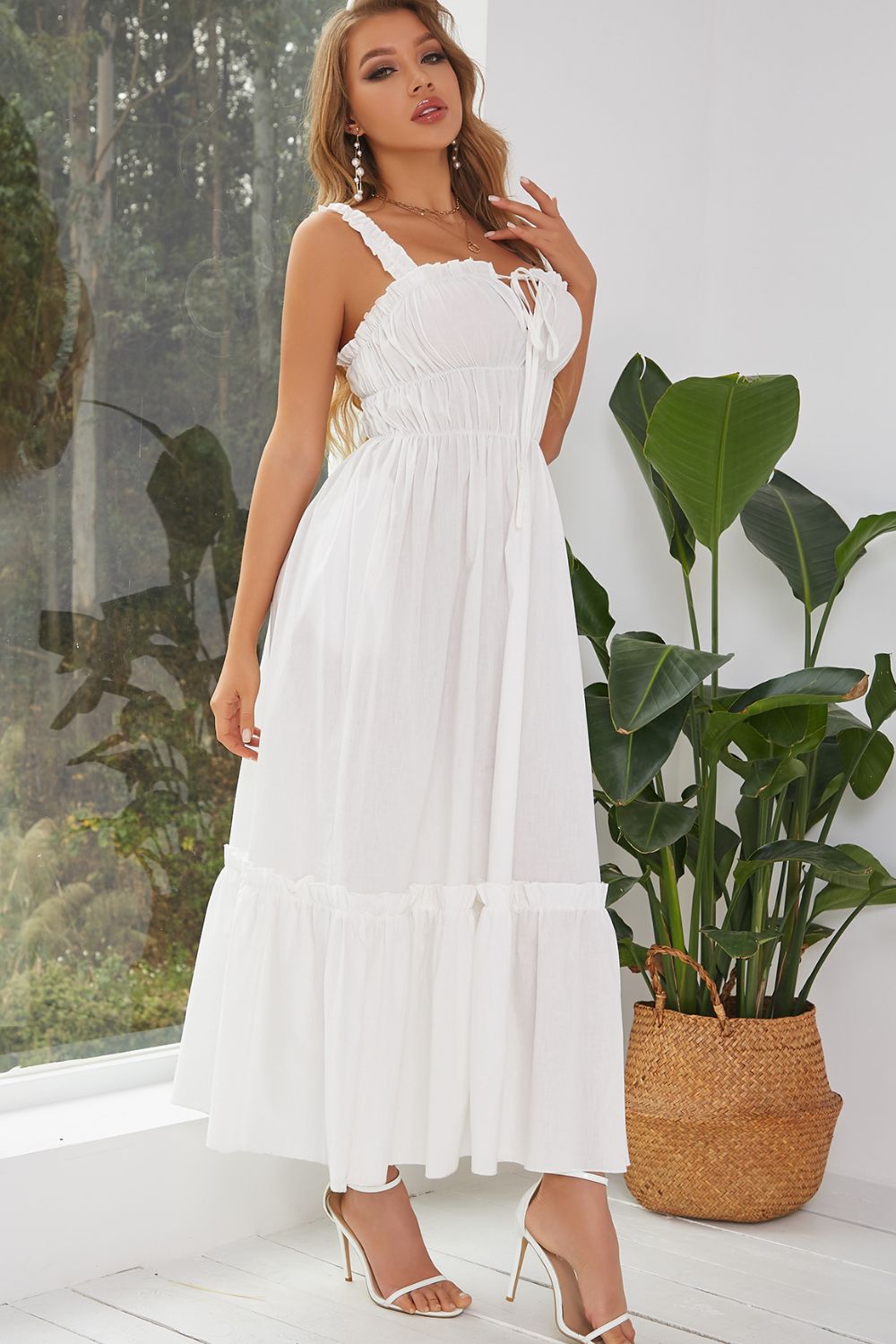 Frill Trim Tie Front Maxi Dress