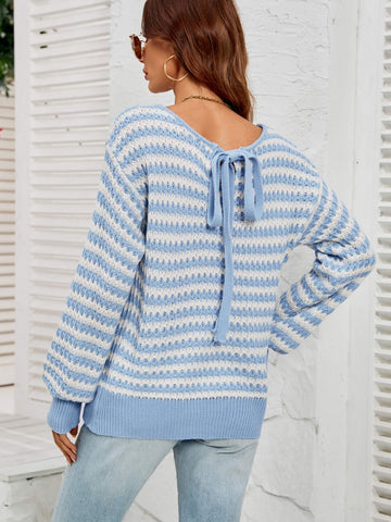 Striped Dropped Shoulder Tie-Back Sweater