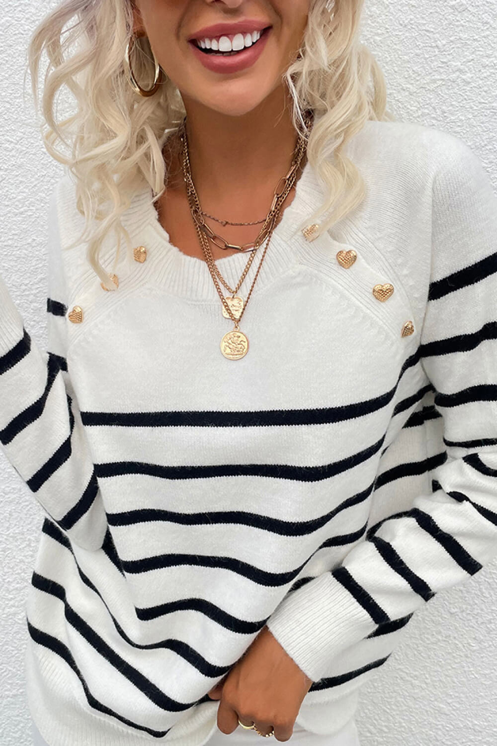 Striped Heart-Shaped Button Round Neck Sweater