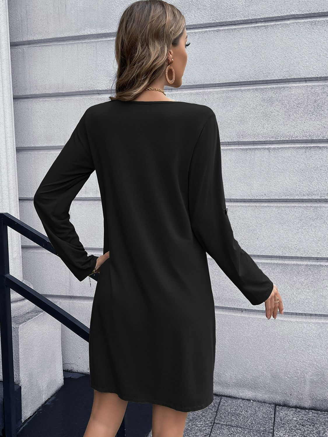 Button Front Roll-Tab Sleeve V-Neck Dress