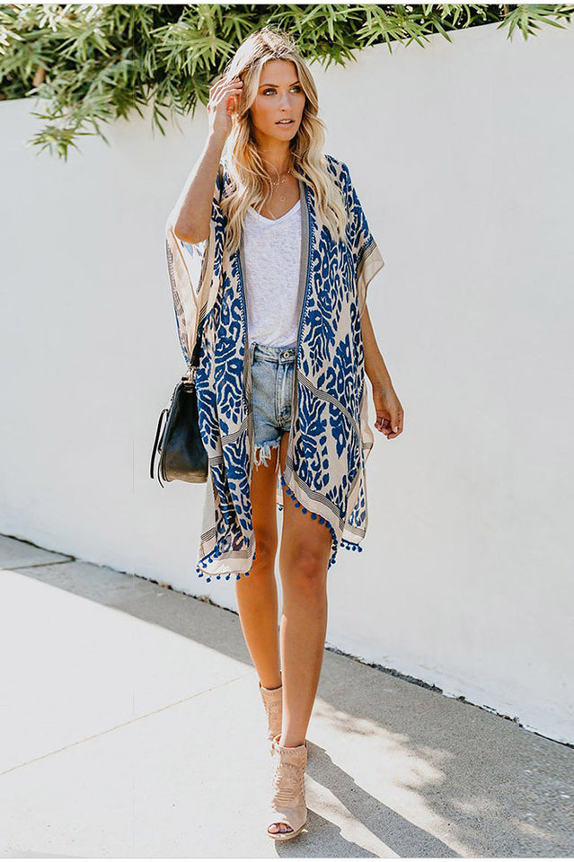 Seaside Resort Cardigan Printed Pompom Kimono