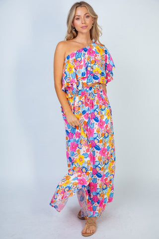 White Birch Sunshine & Blossoms Full Size Floral One-Shoulder Crop Top