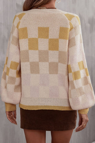 Checkered V-Neck Lantern Sleeve Sweater