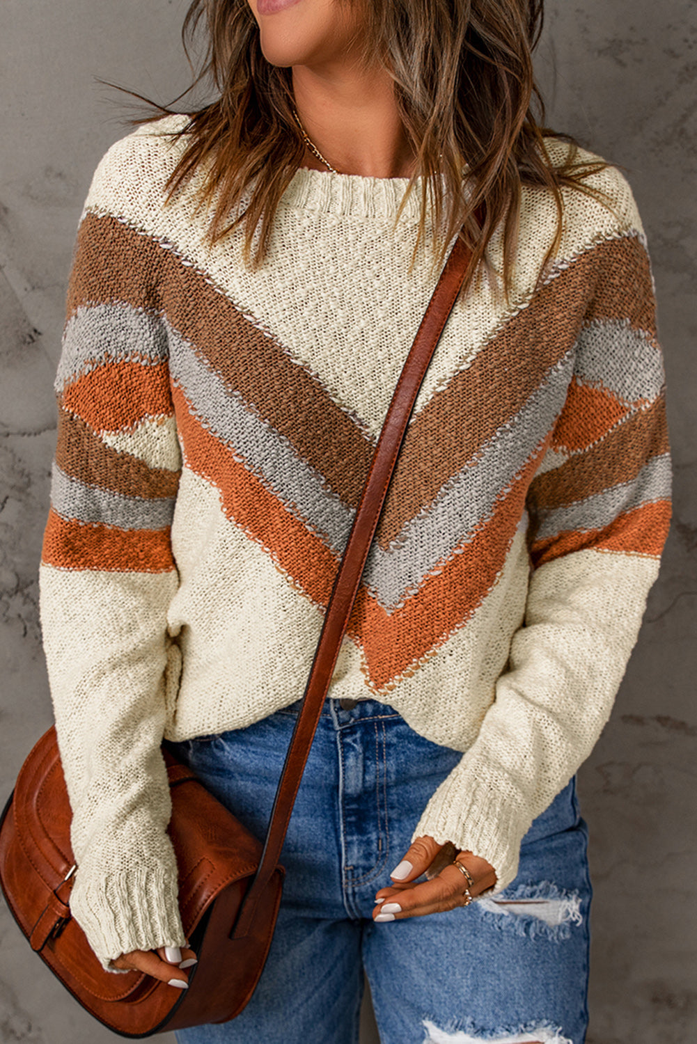 Chevron Round Neck Dropped Shoulder Sweater