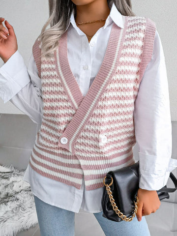 Striped Front Slit Double-Breasted Surplice Sweater Vest