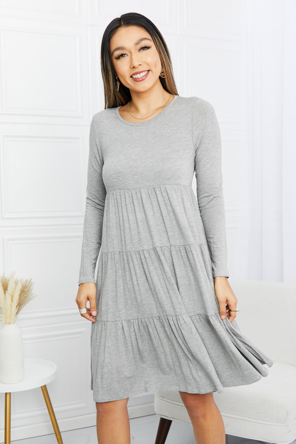 BOMBOM Long Sleeve Round Neck Tiered Dress