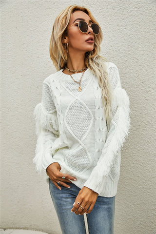 Mixed Knit Fringe Detail Round Neck Sweater