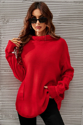 Turtleneck Ribbed Trim Tunic Sweater