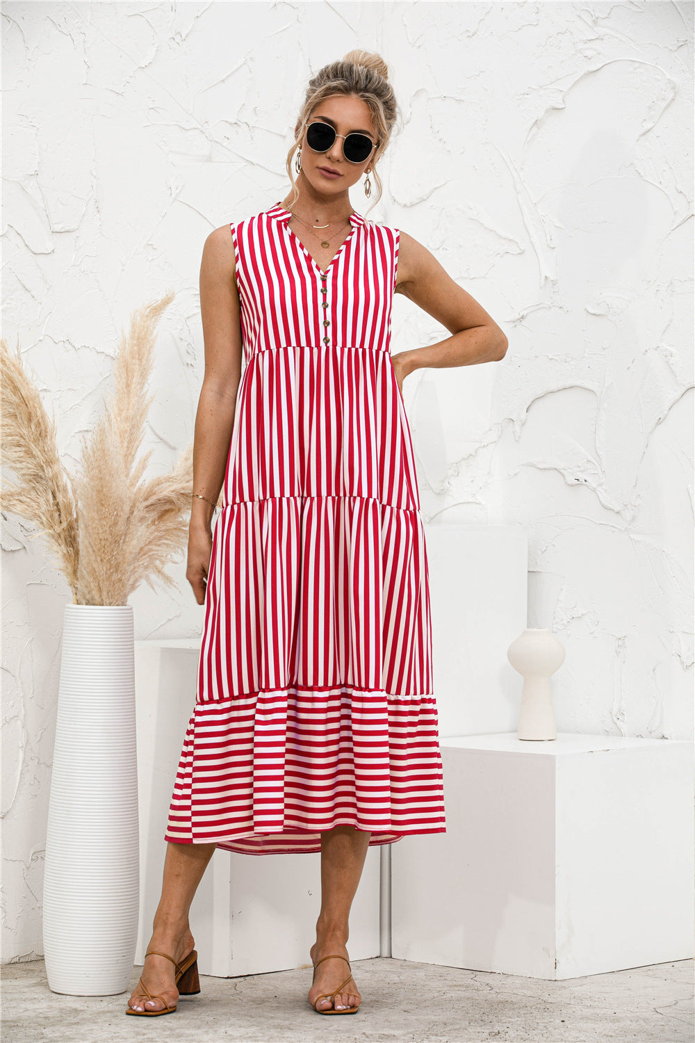 Striped Tiered Sleeveless Swing Dress