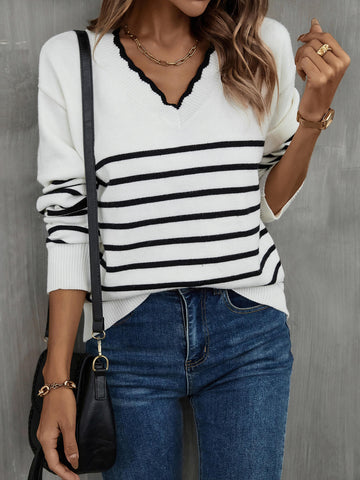 Striped V-Neck Ribbed Trim Knit Top