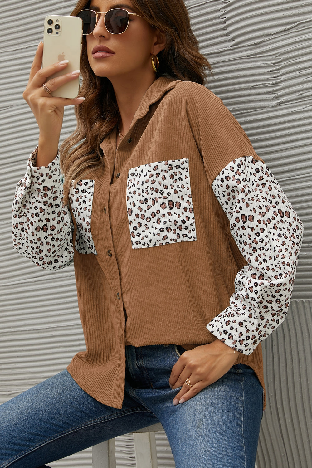 Leopard Splicing Button Front Corduroy Blouse