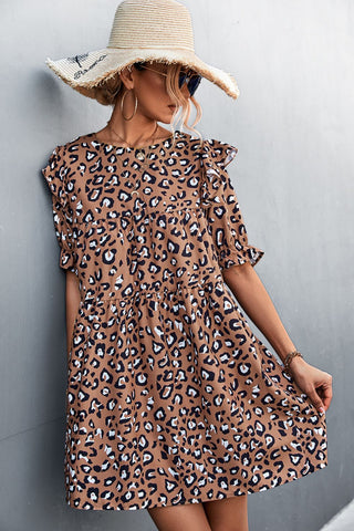 Leopard Print Ruffle Shoulder Mini Dress