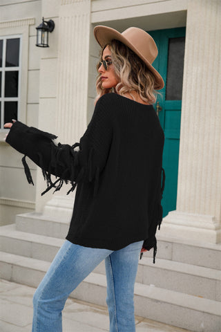 Tassel Detail Rib-Knit Round Neck Sweater