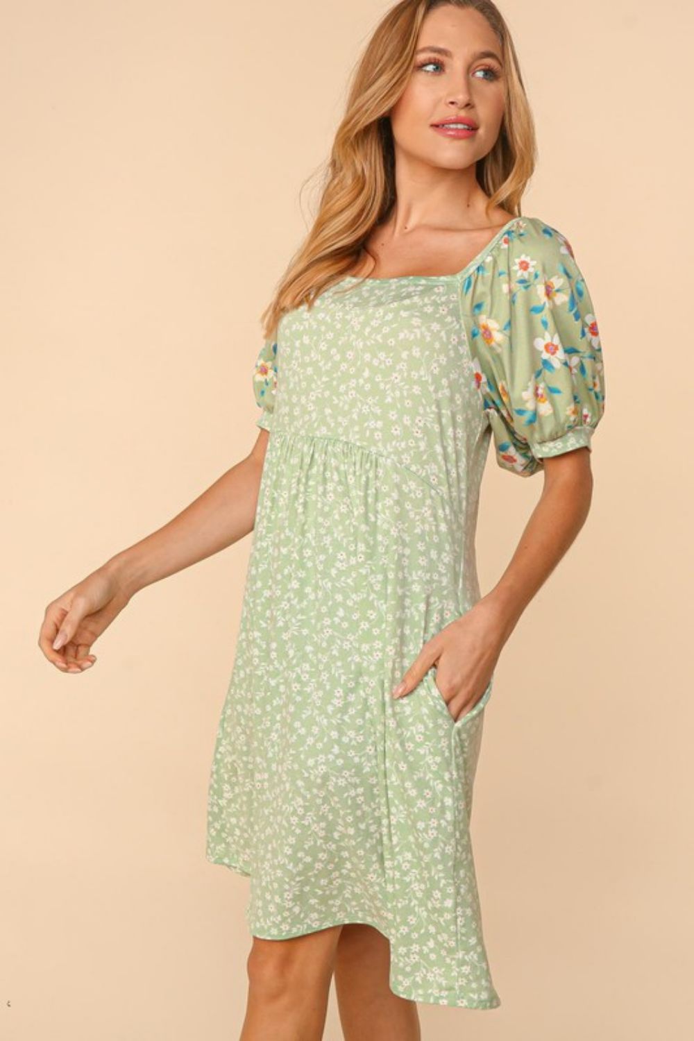 Haptics Full Size Floral Lantern Sleeve Dress with Pockets