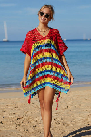 Rainbow Stripe Openwork Slit Cover Up