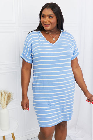 Full Size Striped V-Neck Pocket Dress in Spring Blue