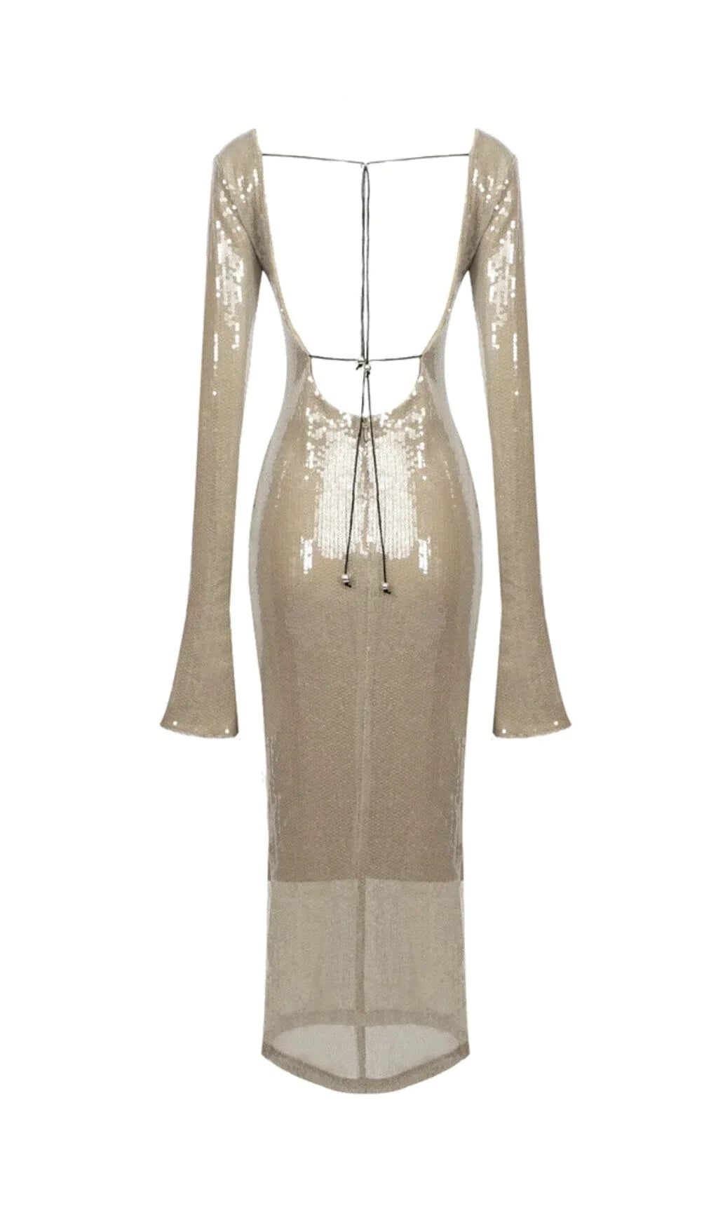 Sequined With Long Sleeves And Backless Dress in Khaki