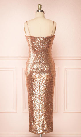 Strappy Sequins Slit Midi Dress in Gold