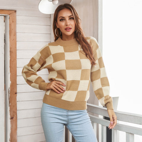 Checkered Two-Tone Dropped Shoulder Crewneck Sweater