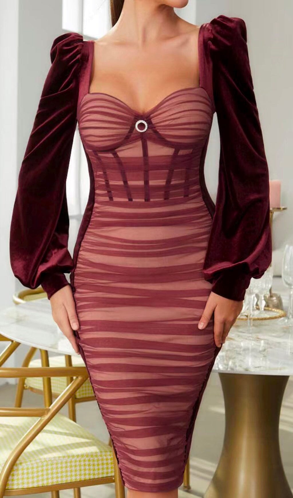 Pleated Sheath Square Neck Velvet Dresses With Slit Lilac