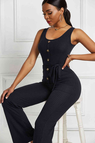 Button Detail Tie Waist Jumpsuit with Pockets