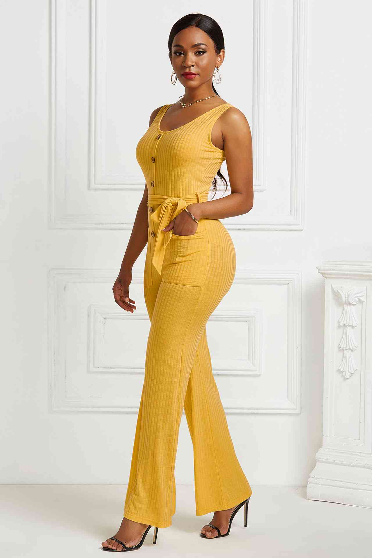 Button Detail Tie Waist Jumpsuit with Pockets