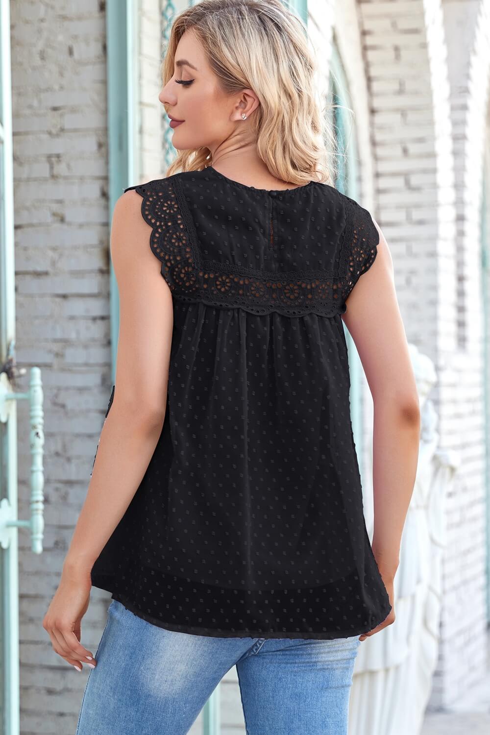 Swiss Dot Spliced Lace Sleeveless Blouse