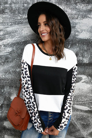 Leopard Print Color Block Long Sleeve Tee