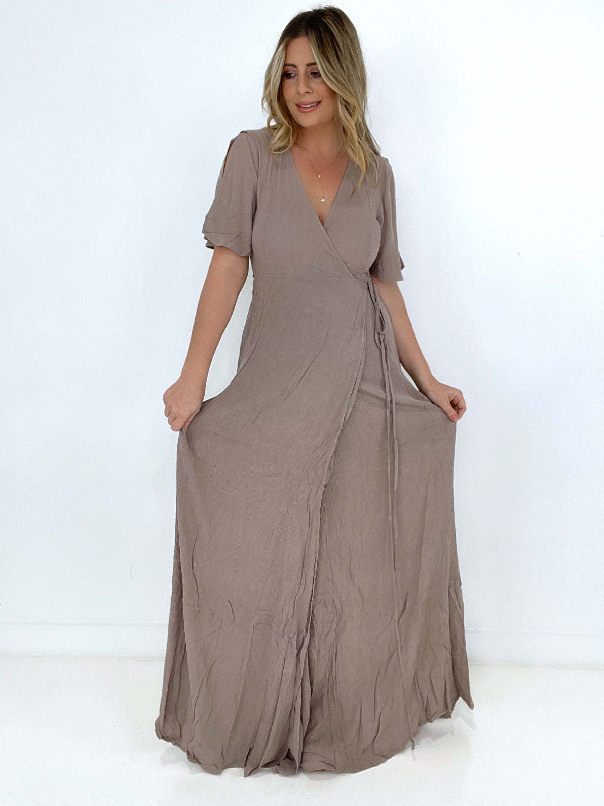 Woven Crinkle Gauze Wrap Tie Side Maxi Dress