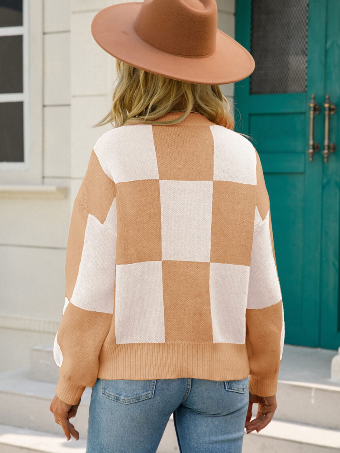 Checkered Dropped Shoulder Knit Pullover