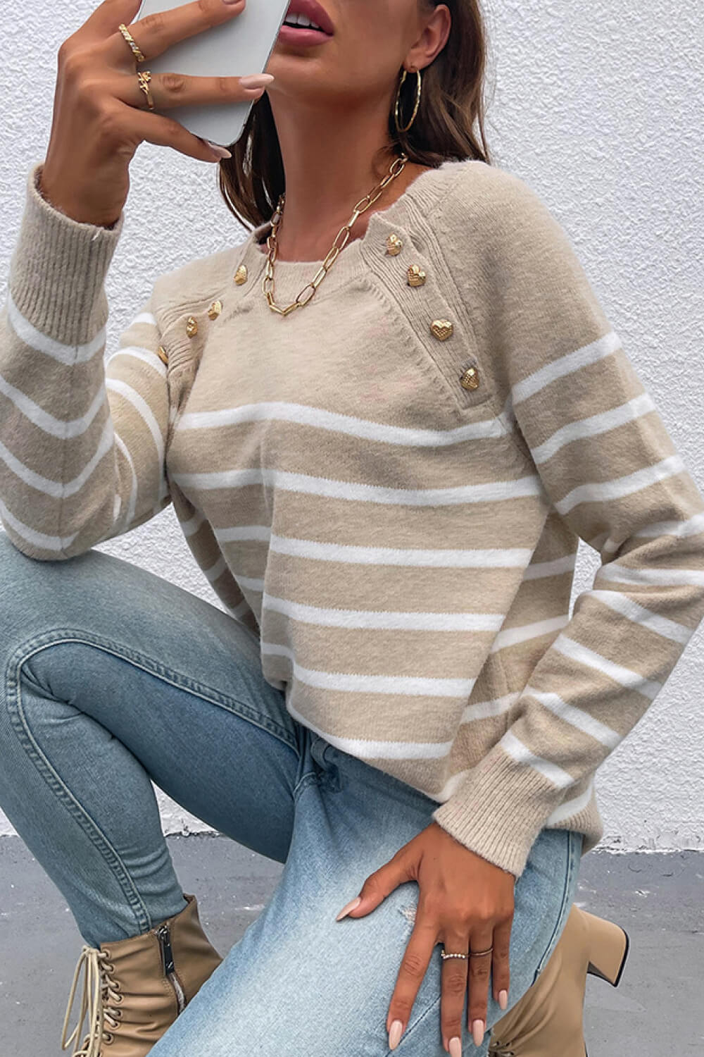 Striped Heart-Shaped Button Round Neck Sweater