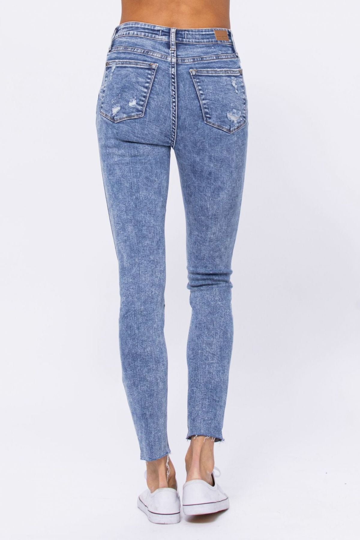 High Rise Acid Wash Destroyed Skinny Jeans