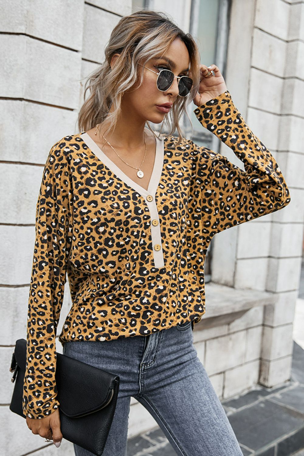 Leopard Buttoned Contrast Trim Top
