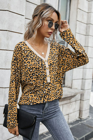 Leopard Buttoned Contrast Trim Top
