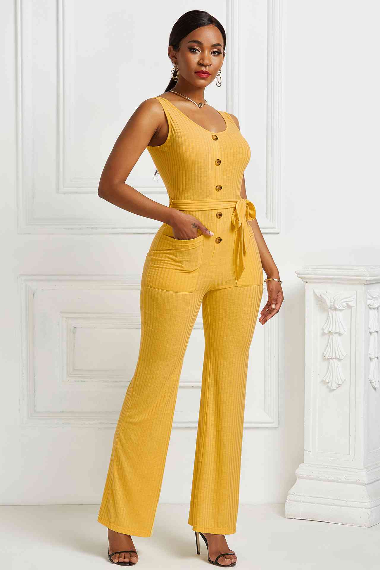 Button Detail Tie Waist Jumpsuit with Pockets